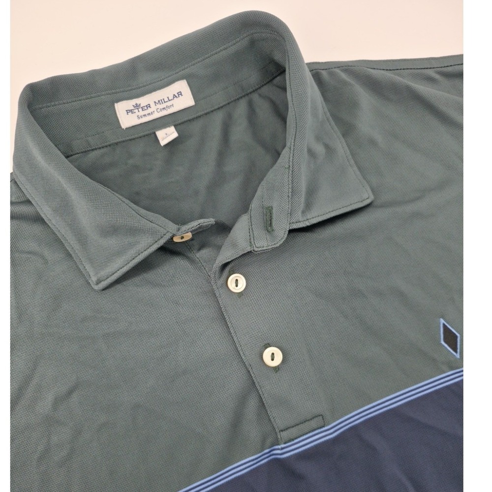 Peter Millar Summer Comfort Polo Shirt Mens L Green Navy Colorblock Golf